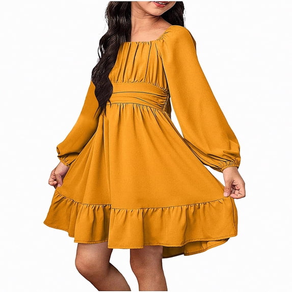 Teylalorva Girls Dresses (4-13), Sweet Puff Long Sleeve Bow Backless Tie-Up Dresses Crew Neck Fashion Outfit Summer Party Orange Size 8