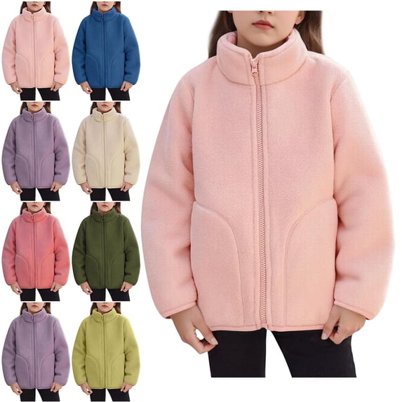 Teylalorva Girls Fleece Jacket Zip up Stand Collar with Pockets Thick Warm Versatile Casual Outerwear (1-15) Pink Size 3T