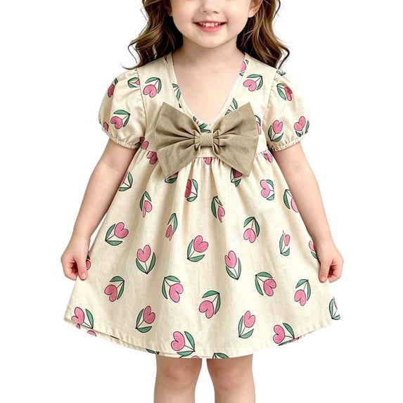 Teylalorva Girls Floral Dress, Short Sleeve Cute Bow Flowy A-Line Summer Casual Midi Dress Beige Size 2