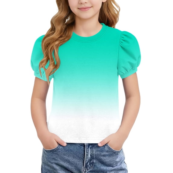 Teylalorva Girls Graphic T-Shirt, Casual Cute Puff Short Sleeve Crewneck Summer Kids Trendy Tee Mint Green Size 14