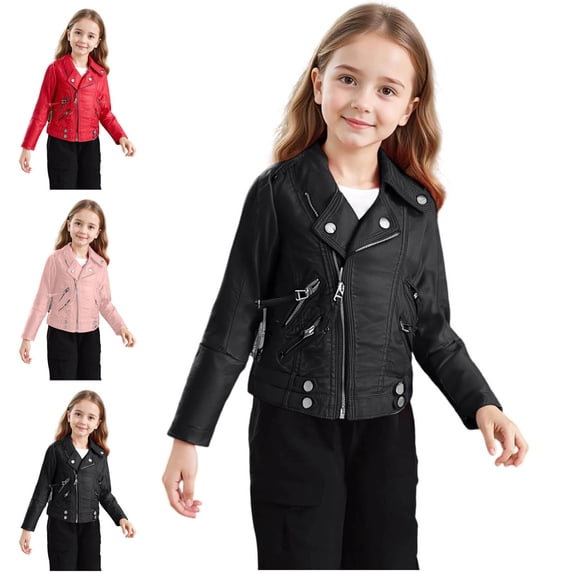 Teylalorva Girls Leather Jacket Zip up Stand Collar Motorcycle Style Casual Outerwear with Lining Pink Size 11