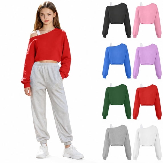 Teylalorva Girls Off Shoulder Pullover Sweatshirt (5-15) Long Sleeve Crop Top Casual Daily Wear for Kids Purple Size 12