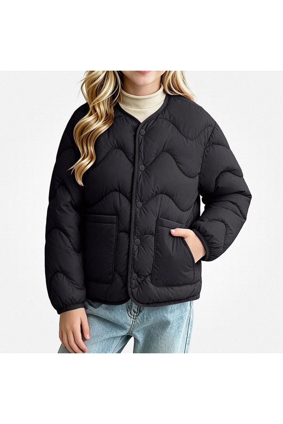 Girls Outerwear (3-13) Winter Lightweight Down Jacket Warm Short Puffer Coat Inner Liner Casual Long Sleeve For Kids Black Size 5T