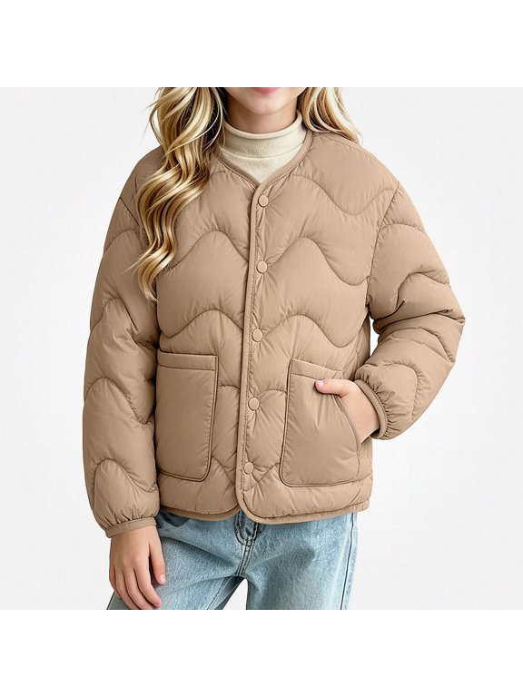 Girls Outerwear (3-13) Winter Lightweight Down Jacket Warm Short Puffer Coat Inner Liner Casual Long Sleeve For Kids Khaki Size 5T