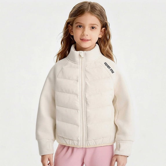 Teylalorva Girls Outerwear Jackets Color Block Stand Collar Zip Up Lightweight Down Jacket Short Casual Coat(4-15) Beige Size 4T