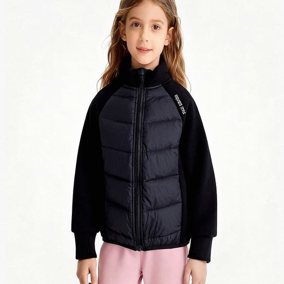 Teylalorva Girls Outerwear Jackets Color Block Stand Collar Zip Up Lightweight Down Jacket Short Casual Coat(4-15) Black Size 7
