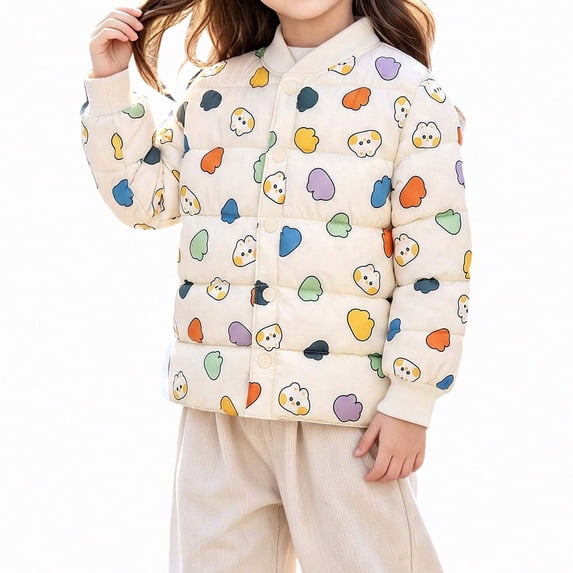 Teylalorva Girls Outerwear Jackets Stand Collar Single Breast Lightweight Quilted Printed Cartoon Loose Short Puffer Coat(2-8) Beige Size 7