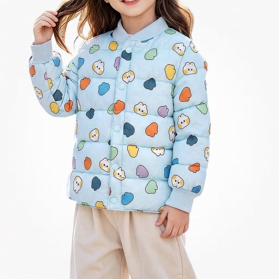 Teylalorva Girls Outerwear Jackets Stand Collar Single Breast Lightweight Quilted Printed Cartoon Loose Short Puffer Coat(2-8) Sky Blue Size 4T