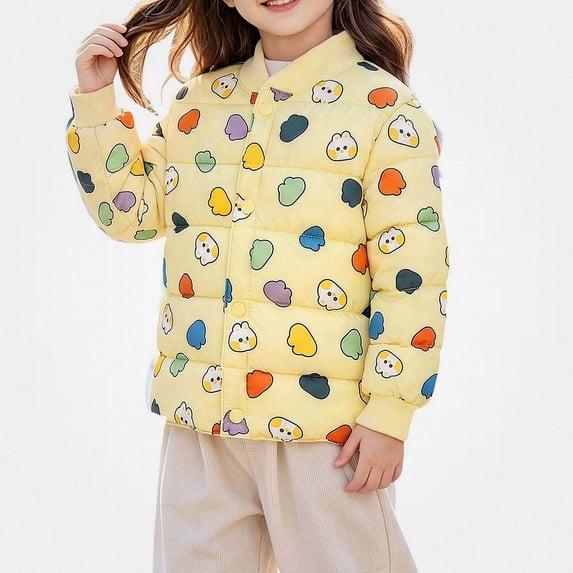 Teylalorva Girls Outerwear Jackets Stand Collar Single Breast Lightweight Quilted Printed Cartoon Loose Short Puffer Coat(2-8) Yellow Size 2T