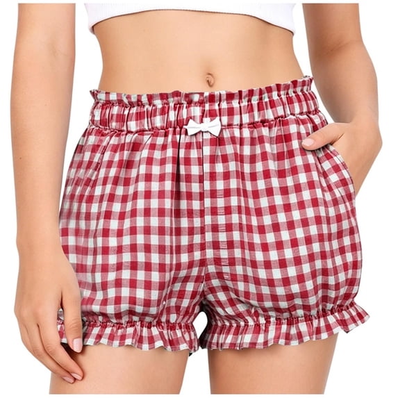Teylalorva Girls Plaid Shorts, Cute Ruffles Elastic Waist with Pockets Kids Casual Summer Shorts Red Size 8