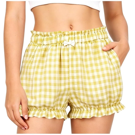 Teylalorva Girls Plaid Shorts, Cute Ruffles Elastic Waist with Pockets Kids Casual Summer Shorts Yellow Size 8