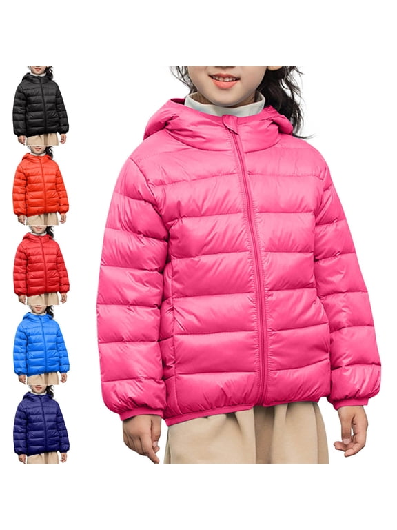 Girls Puffer Jacket Zip up Hooded Lightweight Down Coat Warm Winter Outerwear (4-13) Pink Size 4-5Years