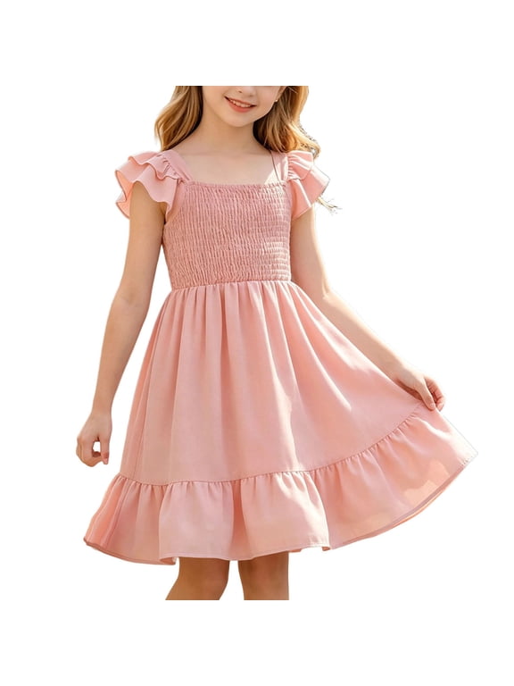 Girls Smocked Dress, Cute Swing Flutter Sleeve Casual Ruffles Summer Flowy Midi Dress Pink Size 6