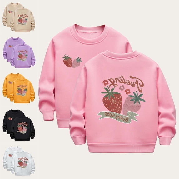 Teylalorva Girls Sweatshirt Crew Neck Strawberry Print Fleece Lined Casual Comfortable Long Sleeve Top (2-12) Yellow Size 5T
