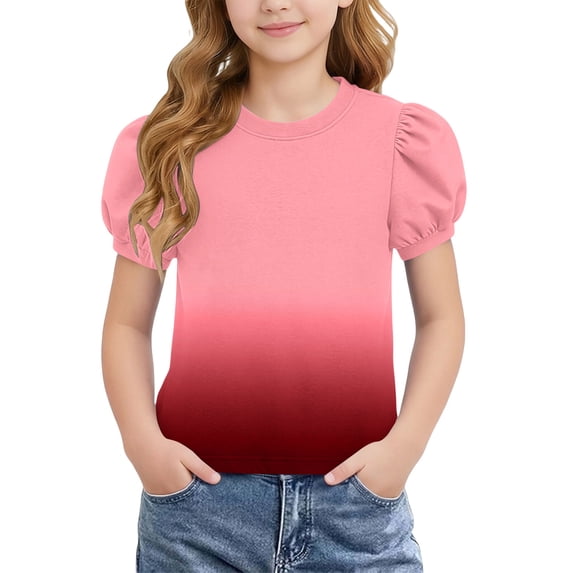 Teylalorva Girls T-Shirt with Puff Short Sleeve, Crewneck Casual Summer Gradient Prints Kids Fashion 2026 Tee Watermelon Red Size 6