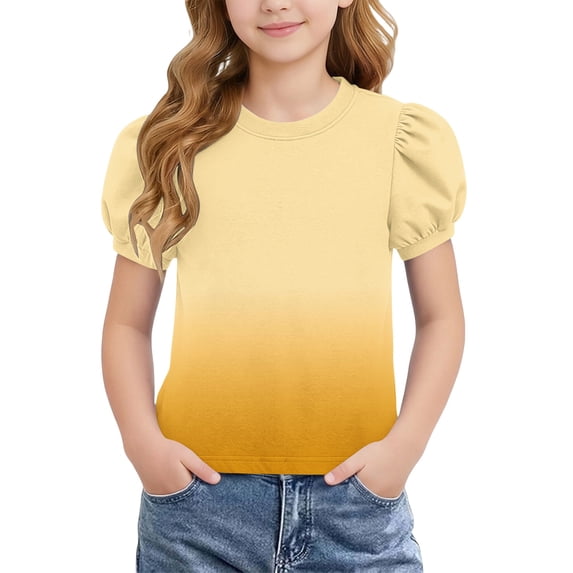Teylalorva Girls T-Shirt with Puff Short Sleeve, Crewneck Casual Summer Gradient Prints Kids Fashion 2026 Tee Yellow Size 12