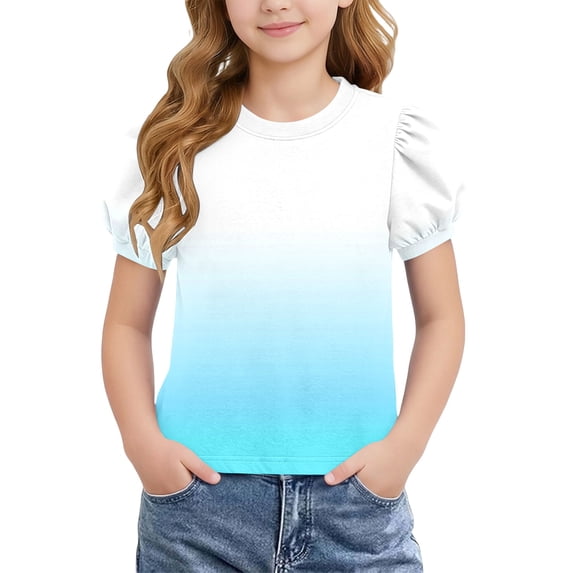 Teylalorva Girls Trendy T-Shirt, Puff Short Sleeve Casual Summer Gradient Graphic Kids Cute Tee Light Blue Size 14