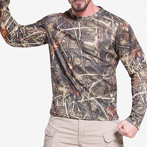 Teylalorva Men's Lightweight Top Camouflage Print Long Sleeve Quick-Dry Sunscreen Outdoor Sports Shirt Camouflage Size S