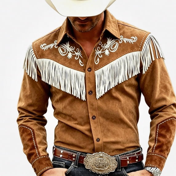 Teylalorva Men's Vintage Western Lapel Shirt Tassel Button-Up Long Sleeve Casual Spring Fall Tops Brown Size S