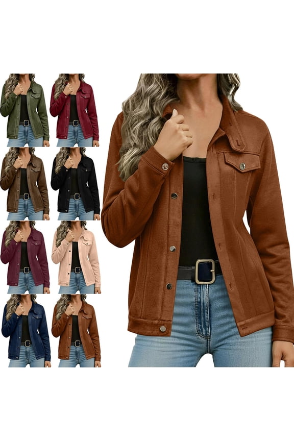 Outerwear Coat for Women Fashion Suede Faux Leather Jacket with Turn Down Collar Short Trendy Brown Size S