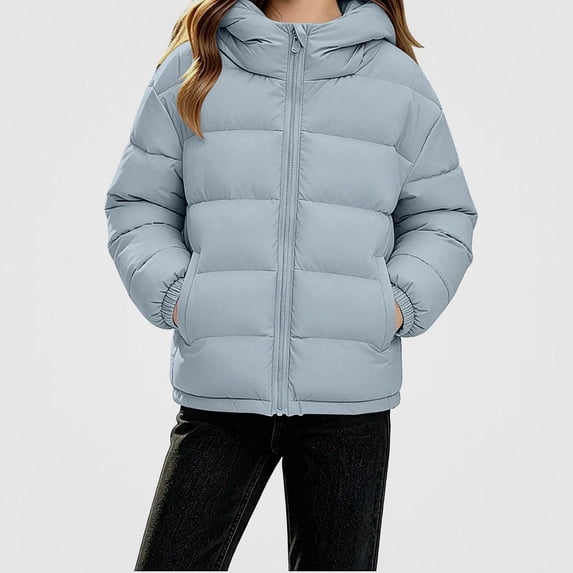 Teylalorva Outerwear Jackets for Girls Hooded Zip Up Puffer Jacket with Pockets Long Sleeve Casual Warm Coat(3-15) Blue Size 14
