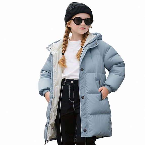 Teylalorva Outerwear Jackets for Girls Mid Length Hooded Down Cotton Puffer Coat with Pockets Winter Autumn(2-11) Blue Size 10