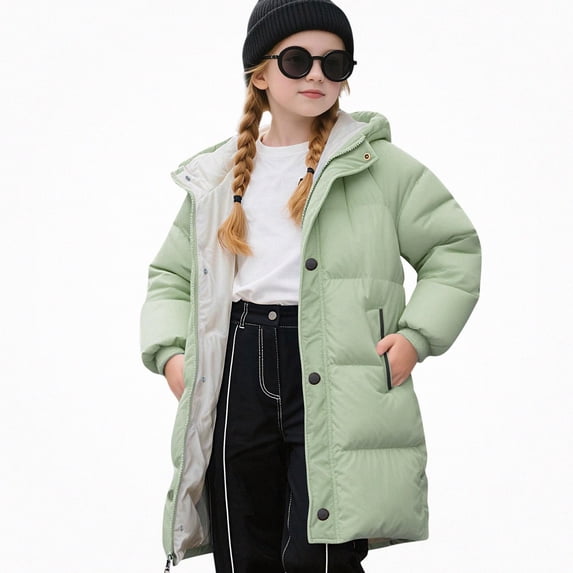 Teylalorva Outerwear Jackets for Girls Mid Length Hooded Down Cotton Puffer Coat with Pockets Winter Autumn(2-11) Green Size 8