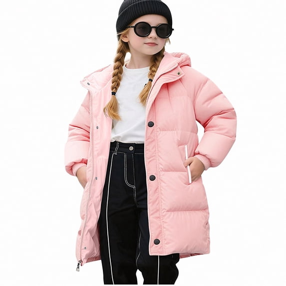 Teylalorva Outerwear Jackets for Girls Mid Length Hooded Down Cotton Puffer Coat with Pockets Winter Autumn(2-11) Pink Size 2T