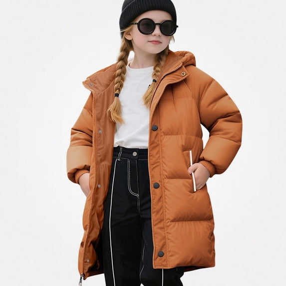 Teylalorva Outerwear Jackets for Girls Mid Length Hooded Down Cotton Puffer Coat with Pockets Winter Autumn(2-11) Red Size 10