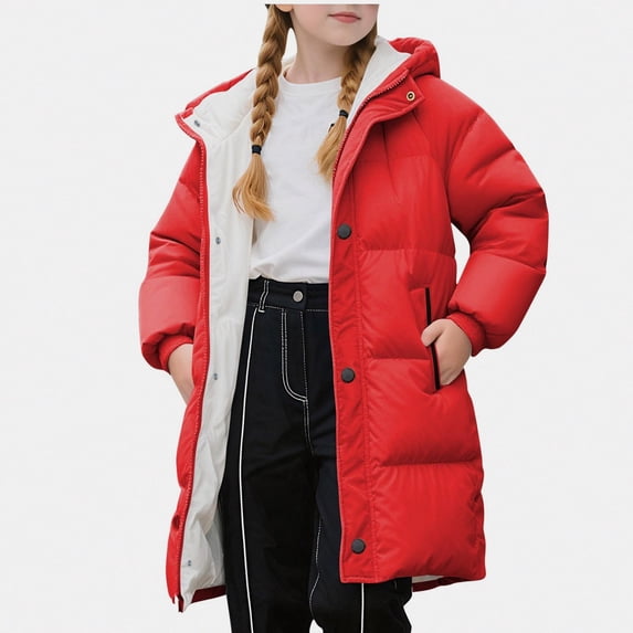 Teylalorva Outerwear Jackets for Girls Mid Length Hooded Down Cotton Puffer Coat with Pockets Winter Autumn(2-11) Watermelon Red Size 10