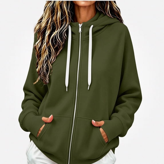 Teylalorva Outerwear Jackets for Womens Everyday Pocket Zipper Drawstring Long Sleeve Fall Winter Army Green Size L
