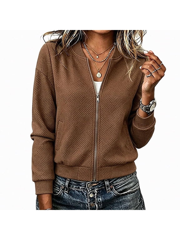 Outerwear Jackets for Womens Everyday Slim Henley Neck Zipper Long Sleeve Sweatshirt Fall Winter Brown Size S