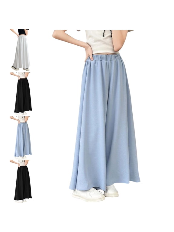 Pants for Girls High Waist Wide Leg Culottes Loose Casual Flowy Summer Breathable Elastic Waist Comfy Pants(4-14) Light Blue Size 10