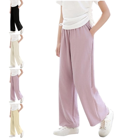Teylalorva Pants for Girls Wide Leg with Pockets Elastic Waist Loose Casual Thin Breathable Summer Comfy Long Pants(3-15) Black Size 7