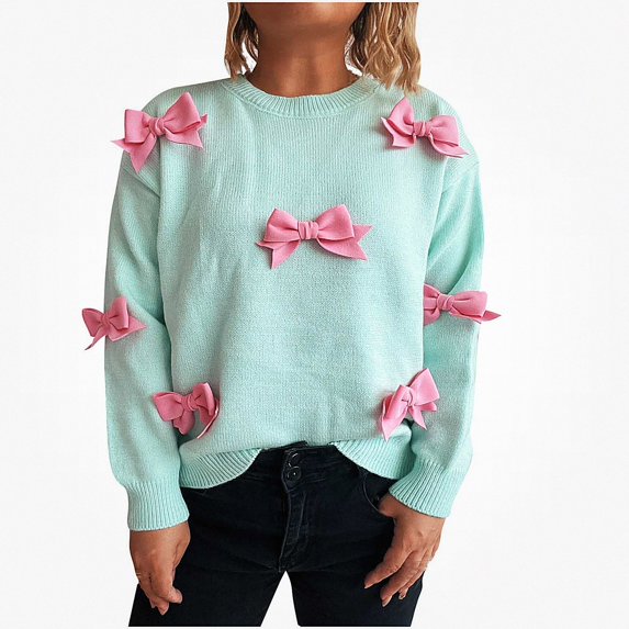 Teylalorva Sweater for Women Crew Neck Embellished Loose Long Sleeve Pullover With Unique Decor Green Size M