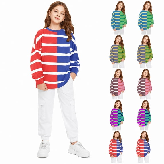Teylalorva Girls Color Block Stripe Pullover Sweatshirt (1-12) Long Sleeve Round Neck Top Casual Tee Mint Green Size 11
