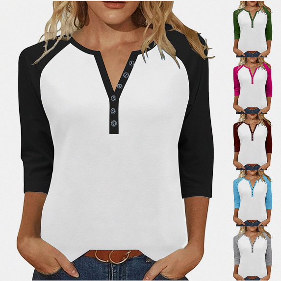 Teylalorva Women's Button Blouse V-Neck 3/4 Sleeve Raglan Loose Lightweight Top Black Size L