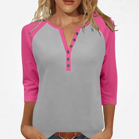Teylalorva Women's Button Blouse V-Neck 3/4 Sleeve Raglan Loose Lightweight Top Hot Pink Size 2XL