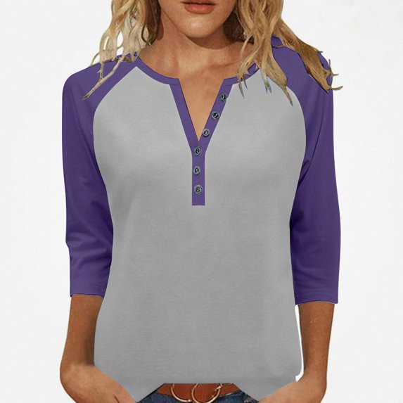 Teylalorva Women's Button Blouse V-Neck 3/4 Sleeve Raglan Loose Lightweight Top Purple Size XL