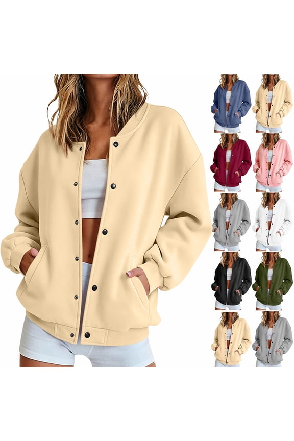 Women's Cardigan Color Block Drop Shoulder Long Sleeve Button Front Bomber Jacket With Side Pockets White Size XL