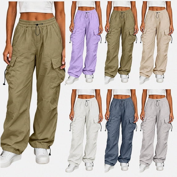 Teylalorva Women's Cargo Pants Straight-Leg Loose with Pockets Trousers Beige Size 2XL