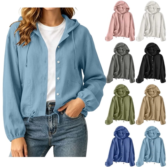 Teylalorva Women’s Cotton Linen Blend Hooded Button Front Cardigan Long Sleeve Front Pocket Relaxed Casual Outerwear For Spring Summer Autumn Blue Size L