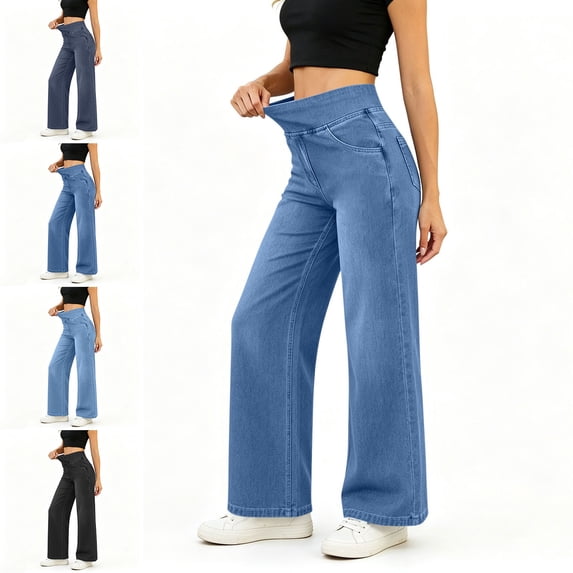 Teylalorva Women's Denim Pants, With Pocket Elastic Waist Elastic Waist Casual Jeans Navy M