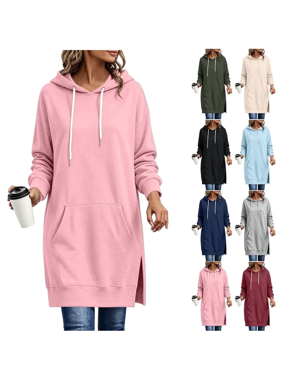 Women's Drawstring Hooded Longline Sweatshirt With Front Pockets, Drop Shoulder Long Sleeve Loose Top Featuring Side Slit Hem Khaki Size M