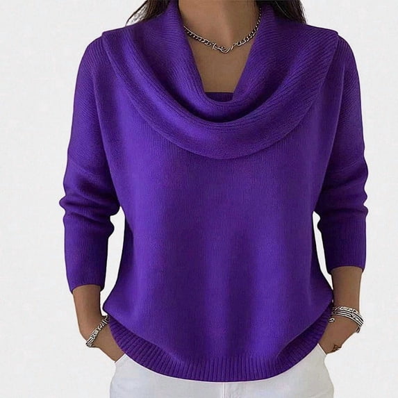 Teylalorva Women's Fashion Solid Color Sweater Long Sleeve Round Neck Top for Fall Winter Wear Top Purple Size M