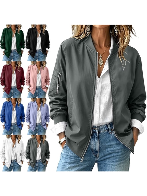 Women's Fashion Zip Up Ribbed Long Sleeve Jacket with Zipper Cuffs Pockets Trendy Outerwear Coat Gray Size S