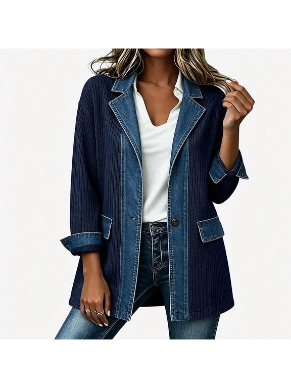 Women's Jacket Denim Patchwork Knit Blazer Notched Lapel Contrast Long Sleeve One Button Loose Casual Fashion Dark Blue Size 2XL