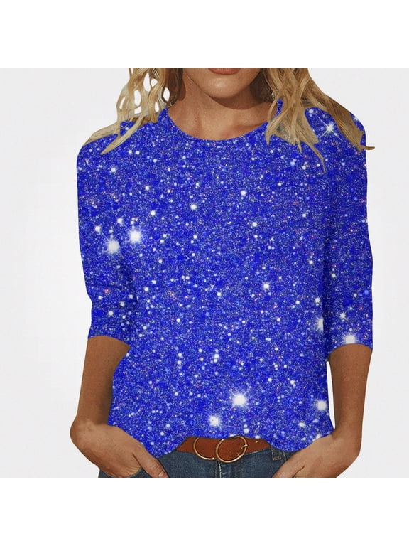 Women's Loose Shirt 3/4 Sleeve Bright Glitter Printed Round Neck Top Blue Size S
