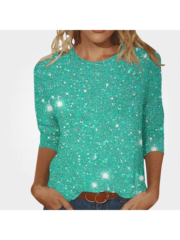 Women's Loose Shirt 3/4 Sleeve Bright Glitter Printed Round Neck Top Light Blue Size 2XL