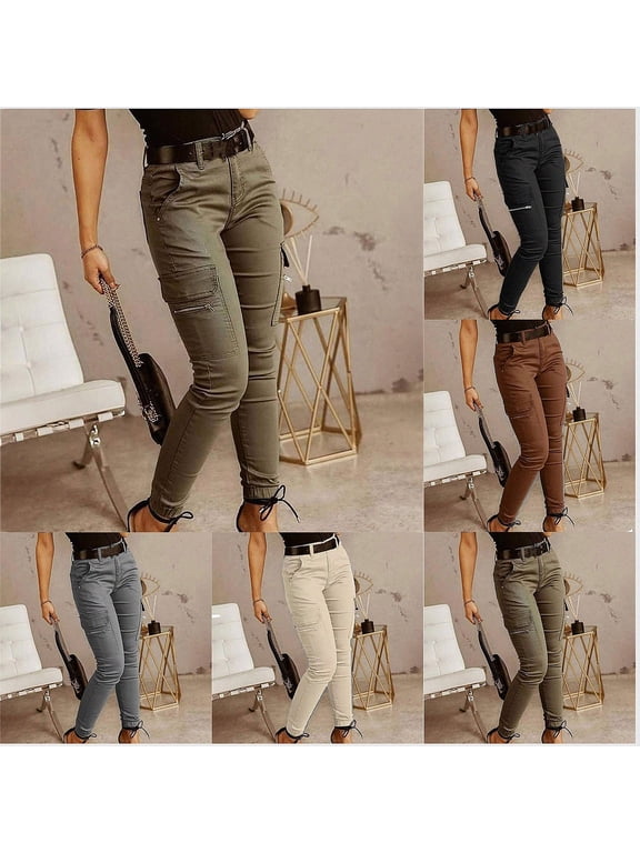 Women's Low-Rise Solid-Color Casual Cargo Pants Fashion Skinny Fit Pocket Trousers Black Size S